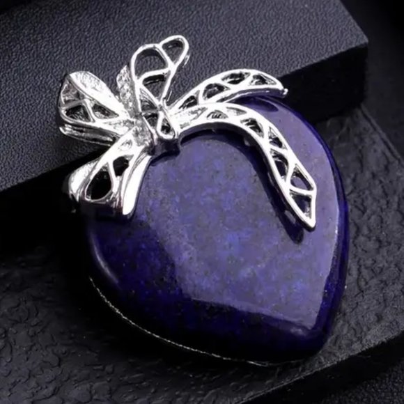 Lapis Lazuli Natural Gemstone Love Heart Bow Knot Pendant Necklace Gemstone - Picture 1 of 2